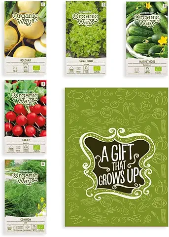 Organic Way Juego de Semillas de Verduras Ecológicas - Bio Garden 5 | 5 Variedades de Semillas de Verduras | Verduras para Jardín | Ideal como Regalo para Mujeres, Hombres | Set de Regalo de Semillas  