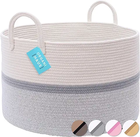 OrganiHaus Cesta para Guardar Mantas 50x33cm | Cesto Ropa Sucia | Cesta de Almacenaje de Cuerda | Cesta Organizadora Grande para Decoración del Hogar | Cesta de Almacenaje de Juguetes - Gris/Blanco  