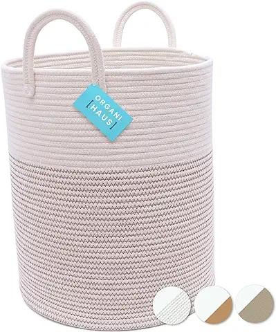 OrganiHaus Cestas Almacenaje de Cuerda de Algodón con Asas | Cesto Ropa Sucia | Cesto Ropa y Toallas de Baño | Almacenaje Juguetes y Mantas de Salón. Blanco con Puntadas Marrones - (38 x 45 cm)  