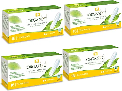 Organyc, Tampones de Algodón Certificado 100% Biológico para Sangrado Moderado - 4 Paquetes x 16 Unidades (Total 64 Unidades)  