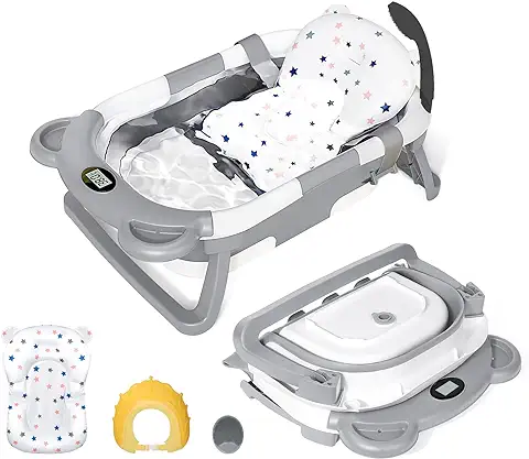 Orzbow Bañera Plegable Bebé con Termómetro,Estable Banheira Bebe con Adaptador Bañera Bebe,Cepillo de Baño y Gorro de Ducha,Patas Antideslizantes,para Bebés de 0 a 24 Meses (Gris)  