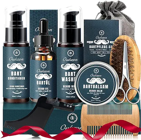 Oukzon Kit Barba para Hombre, Kit Cuidado Barba Hombre Completo con Champú Barba, Acondicionador, Aceite Barba, Bálsamo, Peine, Cepillo, Tijera de Barba, Regalo Hombre para Papa, Novio, Caballero  