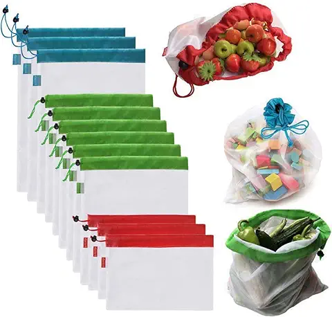 OUNONA Bolsas Compra Reutilizables Ecológicas Bolsa de Malla para Almacenamiento Fruta Verduras Juguetes Lavable y Transpirable 3 Diversos Tamaños 12 Unidades  