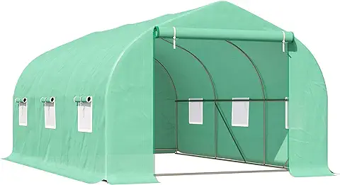 Outsunny Invernadero Caseta con 6 Ventanas Buena Ventilación Estructura de Acero Estable Gran Entrada Cremallera para Cultivo Plantas Jardín Terraza 450x300x205 cm Verde  
