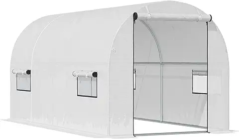 Outsunny Invernadero Caseta de Jardín 295x200x190cm Tipo Túnel Invernadero con Ventanas y Puertas para Cultivo Plantas Cubierta PE 140g/㎡ Marco Acero Blanco  