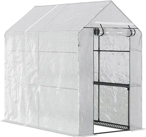 Outsunny Invernadero de Jardín 120x186x190 cm Vivero Casero con 4 Estantes Puerta Enrollable Cubierta de PE 140g/m² y Marco de Acero para Cultivos Plantas Macetas Flores Blanco  