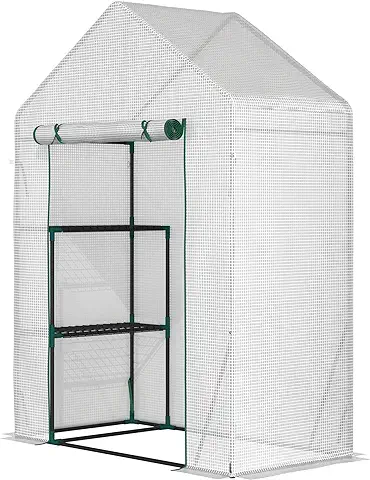 Outsunny Invernadero de Jardín 143x73x195 cm Vivero Casero de Acero con 2 Estantes y Puerta Enrollable para Cultivos Plantas Macetas Flores Patio Exterior Blanco  