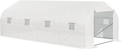 Outsunny Invernadero de Jardín 593x300x200 cm Tipo Túnel para Cultivo Plantas Verduras con 8 Ventanas Transpirables y Puerta Enrollable con Cremallera Acero Blanco  