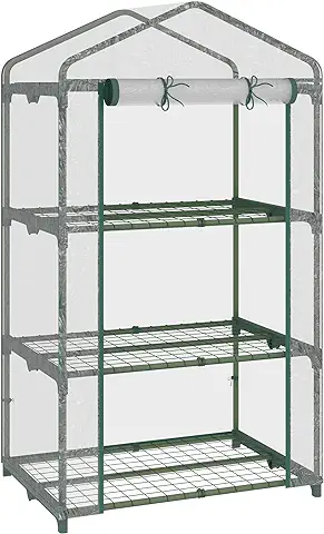 Outsunny Invernadero de Jardín con 3 Estantes Metálicos y Puerta Enrollable Vivero Casero de Terraza Exterior para Cultivo Plantas Flores Macetas 69x49x125 cm Transparente  