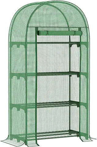 Outsunny Invernadero de Jardín con 4 Estantes Metálicos Puerta Enrollable y Cubierta de PE Vivero Casero de Terraza para Cultivo Plantas Flores Macetas 80x49x160 cm Verde  