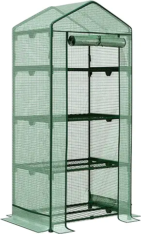 Outsunny Invernadero de Terraza con 4 Estantes de Alambre y Puerta Enrollable Invernadero de Jardinería para Macetas Plantas Flores Jardín Exterior 69x49x158 cm Verde  