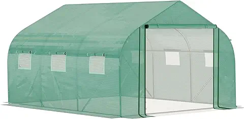 Outsunny Invernadero de Túnel 3,5x3x2 m Invernadero de Jardín con Puerta y 6 Ventanas Enrollables de Polietileno PE 140 G/m² Metal Galvanizado para Cultivos Plantas Flores Verde  