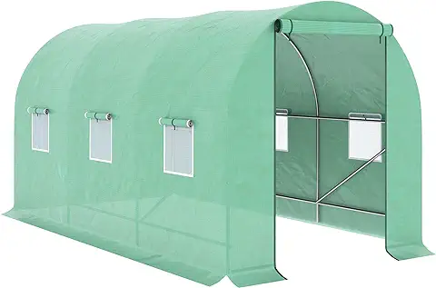 Outsunny Invernadero de Túnel 400x200x200 cm Invernadero de Jardín con Puerta Enrollable y 6 Ventanas Cubierta PE 140 G/m² Anti-UV Marco de Metal para Cultivo Plantas Verduras Verde  