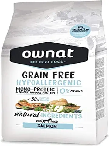 Ownat Pienso para Perros de Salmón Hipoalergénico Sin Granos (3 kg) Perros con Ingredientes Naturales sin Preservantes ni Colorantes, Comida Alta en Proteínas.  