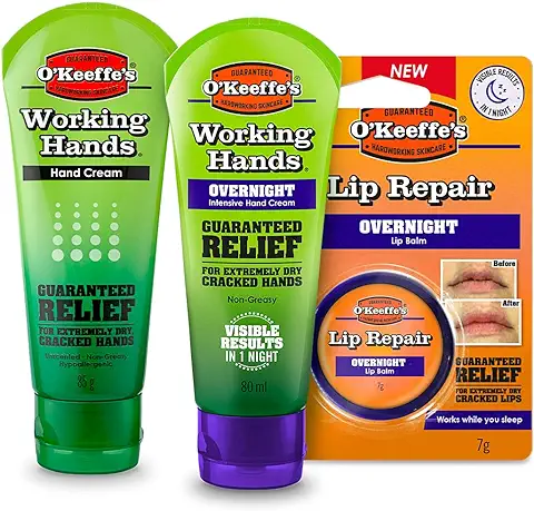 O'Keeffe's Manos de Trabajo Durante la Noche 80 ml, Manos de Trabajo 85 g y Reparación de Labios Durante la Noche 7 g (paquete Triple)  