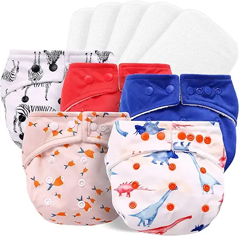 Pañales de Tela para Bebé, 5Pcs Lavables y Pañales Ajustable y Reutilizable para Bebés + 5Pcs Forros para Pañal (Animales)  