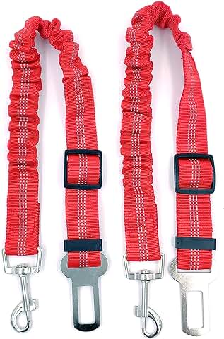 Pack de 2 Cinturon De Seguridad para Perros - Cinturon Perro Coche - Correa Perro Coche con Elástico y Fuerte Mosquetón para Trasportar Mascotas (2 Cinturones Rojos)  