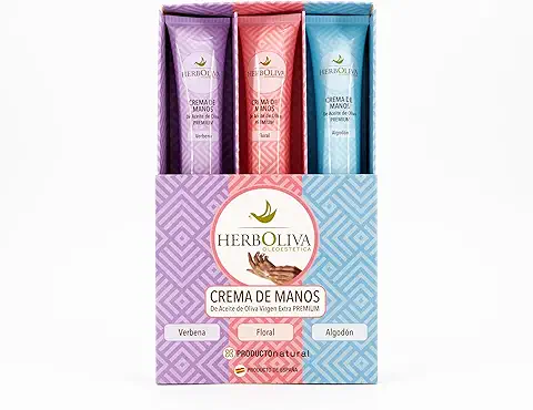 Pack Regalo Mujer de 3 Cremas de Manos - Nutrición Profunda y Efecto Reparador Gracias al Aceite de Oliva - Aroma a Verbena, Floral y Algodón - Ideal para Pieles Secas y Agrietadas - Herboliva  