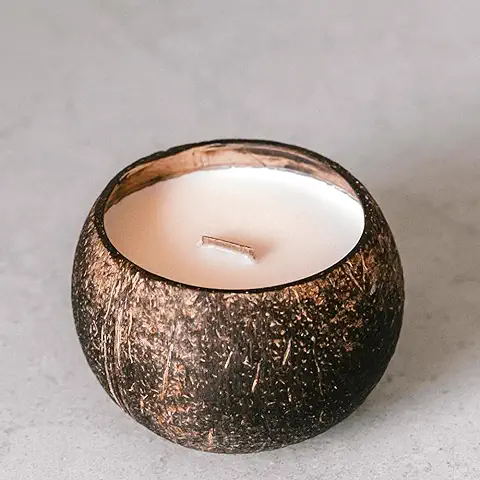 PACKAWIN | Velas de coco Ecológica Vegana | Hecha a mano con Mecha de Madera | Compuesta de cera 100 % Natural de coco y soja en la Cáscara Natural del Coco. 45 Horas de Duración (300 g)  