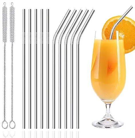 Pajitas de Acero Inoxidable, Juego de 10 Pajitas Metálicas Reutilizables con dos Cepillos de Limpieza, Producto Ecológico y Sostenible, Lavables, Cero Residuos  