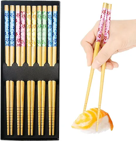 Palillos 5 Pares Palillos Antideslizantes Palillos Reutilizables Palillos de Bambú Naturales Hecho a Mano Palillos Vajilla Set para Comer Ramen Sushi Fideos Cocina Asiática  