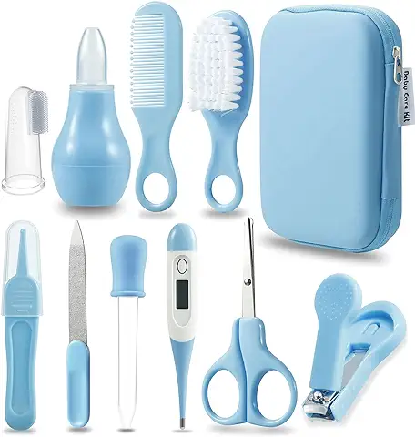 PandaEar Kit de Cuidado e Higiene para Bebés, Conjunto de Seguridad para Bebés, Peine, Cepillo, Cepillo de Dientes de Dedo, Cortaúñas, Tijeras, Aspirador Nasal (Azul)