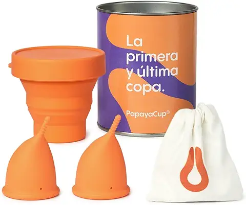PapayaCup Copa Menstrual Anatómica y Reutilizable con Vaso Esterilizador Plegable para Microondas - Pack de 2 Copas Menstruales Tallas S y L  