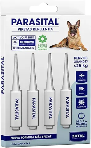 PARASITAL® Pipetas Antiparasitarias para Perros Grandes de más de 15 kg- Pack de 4 x6ml de Zotal - Activo Contra Mosquitos, Pulgas y Garrapatas - Repelente 100% Natural  
