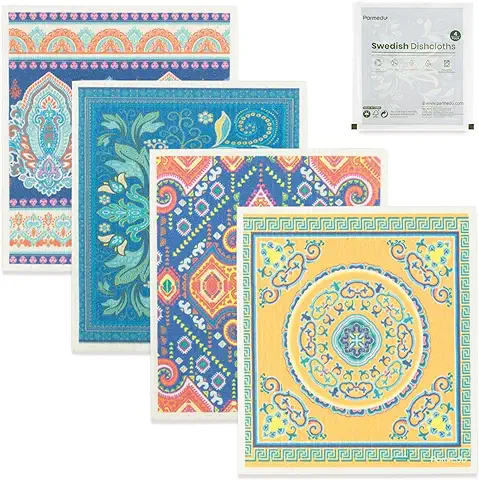 Parmedu Paños de Cocina Suecos, Paquete de 4, Reutilizables, Absorbentes y de Secado Rápido, Paños de Cocina Ecológicos, Toallitas de Limpieza Biodegradables, Patrón de Mandala, TD004  
