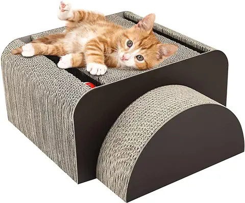 Pawaboo 2-en-1 Rascador de Gato para Cama y Sofá, Múltiples Funciones Tablero de Premium Corrugado Cartulina, Juguete para Gatos con Bola de Campana Redonda Incorporada - Marrón