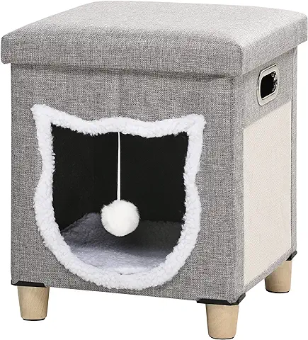 PawHut Cama Cueva de Gatos 2 en 1 Casa para Gatos Interior Tipo Reposapiés con Cojín Extraíble Bola Colgante y Almohadilla para Rascar 35,5x35,5x42,5 cm Gris  