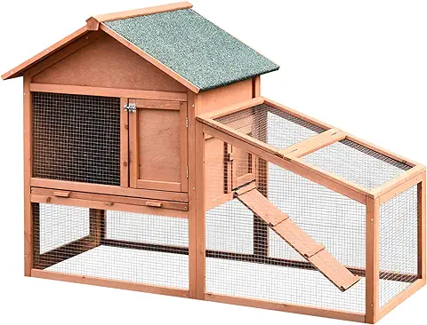 PawHut Conejera de Exterior Hecha de Madera Jaula para Conejos Dos Niveles con Techo Puerta y Ventana Bandeja Extraíble y Lavable Alta Comodidad Gran Espacio 144x64.5x100cm  