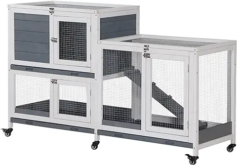PawHut Conejera de Madera con Ruedas 147x45,5x88,5 cm Jaula para Conejos de 2 Niveles con Techo Abrible 2 Corrales de Metal 3 Bandejas Extraíbles 3 Puertas con Pestillo y Rampa Gris  
