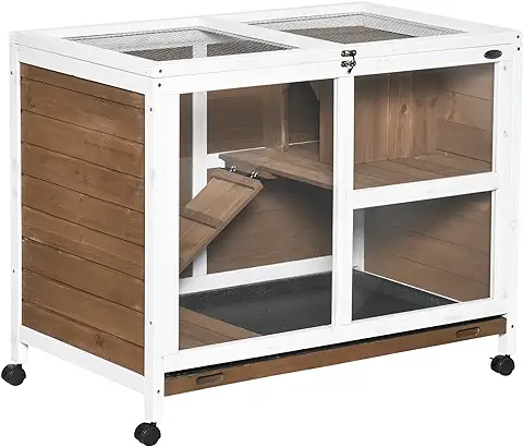 PawHut Conejera de Madera con Ruedas 91,5x53,3x73 cm Jaula para Conejos de 2 Niveles con Techo Abatible Bandeja Extraíble y Rampa Marrón  