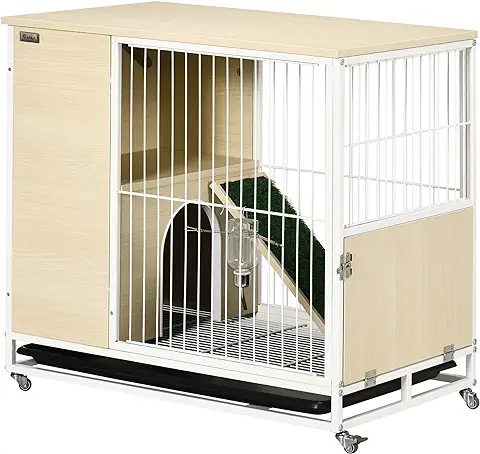 PawHut Conejera de Madera con Ruedas Mueble Conejera de Interior 78x52,5x76,5 cm Superficie Mesa Auxiliar con Techo Abrible Corral Bandeja Extraíble Bebedero y Rampa Roble  