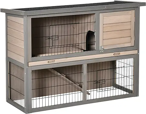 PawHut Conejera de Madera Exterior 108x45x78 cm Jaula para 2 Conejos con Corral Metálico 2 Puertas con Pestillos Techo Asfáltico Abrible Bandeja Extraíble Rampa Gris  