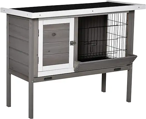 PawHut Conejera de Madera Exterior Jaula Elevada para Conejos Cobayas Animales Pequeños con Techo Asfáltico Abatible Comedero Bandejas Extraíbles y 2 Puertas 91x46x71 cm Gris  