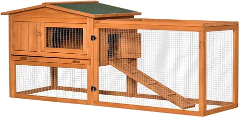 PawHut Conejera de Madera Exterior Jaula para Conejos de 2 Niveles 156x58x68 cm con Techo Asfáltico 2 Corrales de Metal Bandeja Extraíble 2 Puertas Ventana y Rampa Natural  