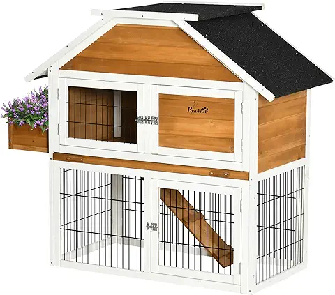 PawHut Conejera de Madera Exterior Jaula para Conejos de 2 Niveles con Techo Asfáltico Corral de Metal Macetero Bandeja Extraíble y Rampa 123x58x106 cm Natural  