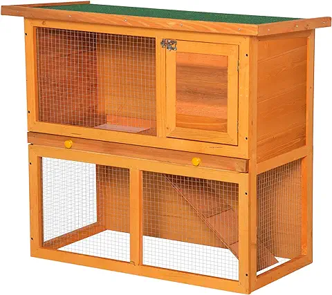 PawHut Conejera Madera Jaula para Conejos o Casa para Animales Pequeños 90x45x80cm Área de Juego  