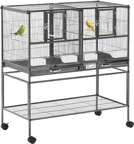 PawHut Doble Jaula Individual para Pájaros Pequeños Jaula Grande para Aves con 4 Ruedas Bandejas Múltiples Puertas 4 Comederos 4 Perchas 95x45,5x102 cm Gris  