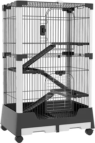PawHut Jaula para Animales Pequeños con Ruedas 114x75x50 cm Valla para Mascotas con 3 Plataformas 3 Rampas Bandejas Extraíbles para Hurones Conejos Negro  