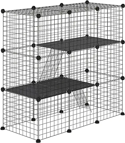 PawHut Jaula para Animales Pequeños de 31 Paneles Parque para Mascotas en Bricolaje con Rampa Corralito para Cobayas Conejos Chinchillas 105x45x105 cm Negro  