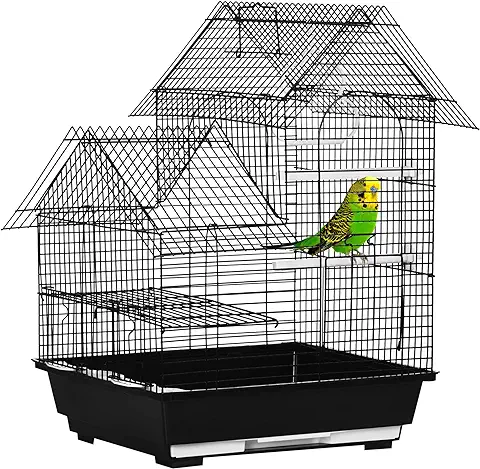 PawHut Jaula para Pájaros 39x33x47 cm Pajarera Metálica con 3 Puertas 2 Comederos 2 Perchas Columpio Bandeja Extraíble y Asa de Transporte para Canarios Negro  