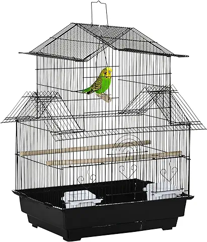 PawHut Jaula para Pájaros 50,5x41x63 cm Pajarera Metálica con 5 Puertas 2 Comederos 2 Perchas Columpio Bandeja Extraíble y Asa de Transporte para Canarios Periquitos Negro  