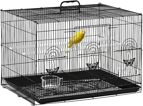 PawHut Jaula para Pájaros 60x41x41 cm Pajarera de Metal con Comederos 2 Perchas 3 Puertas y Asa de Transporte para Pájaros Pequeños Canarios Cotorras Negro  