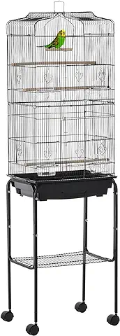 PawHut Jaula para Pájaros con Ruedas 46,5x36x157 cm Jaula Metálica de Aves con Puertas 4 Comederos 3 Perchas Bandeja Extraíble y Estante de Almacenaje para Canarios Periquitos Negro  
