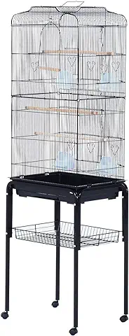 PawHut Jaula para Pájaros con Ruedas 47,5x37x153 cm Jaula Metálica de Aves con Puertas 4 Comederos 3 Perchas Bandeja Extraíble y Estante de Almacenaje para Canarios Periquitos Negro  