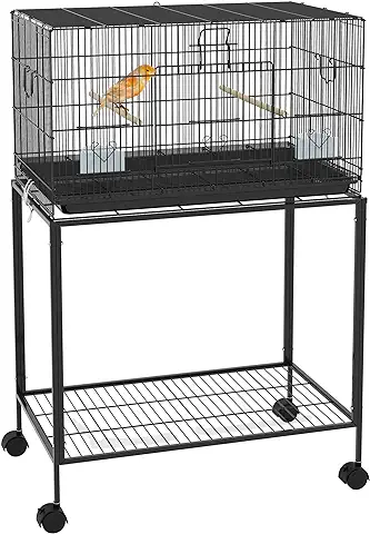PawHut Jaula para Pájaros con Ruedas 77x46x119 cm Jaula Metálica para Aves con Bandeja Extraíble 2 Perchas 2 Comederos y Estante de Almacenamiento para Periquitos Canarios Negro  