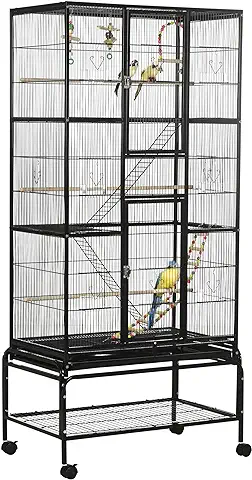 PawHut Jaula para Pájaros con Ruedas 83x53x180 cm Pajarera Metálica de 3 Niveles con 3 Perchas Comederos Juguetes Rampas y Estante de Almacenamiento para Canarios Periquitos Negro  